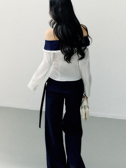 7Shiftin Slimming Off Shoulder Slim Fit Long Sleeve Cotton Bow White Blouses