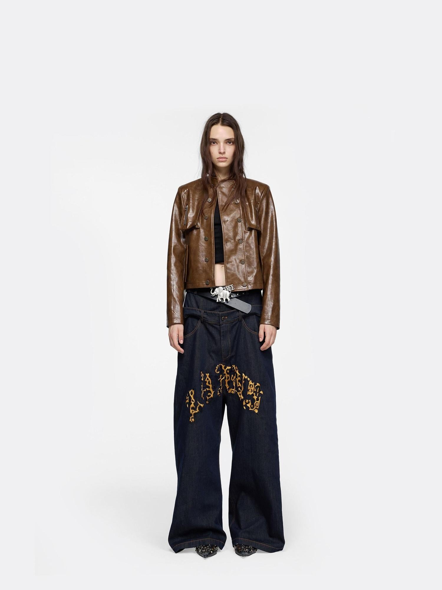 24ans Pu Leather Loose Fit Chinese Stand Collar Short Green Brown Leather Jackets