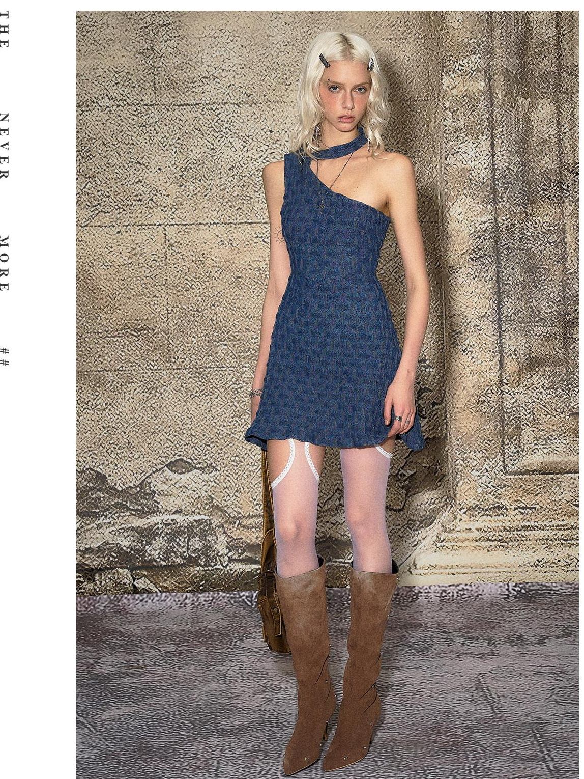 The NeverMore High Waist Cotton Halter Sleeveless A Line Tiered Street Blue Mini Dresses