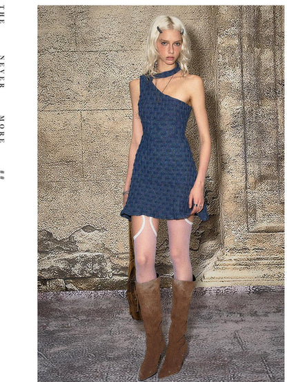 The NeverMore High Waist Cotton Halter Sleeveless A Line Tiered Street Blue Mini Dresses