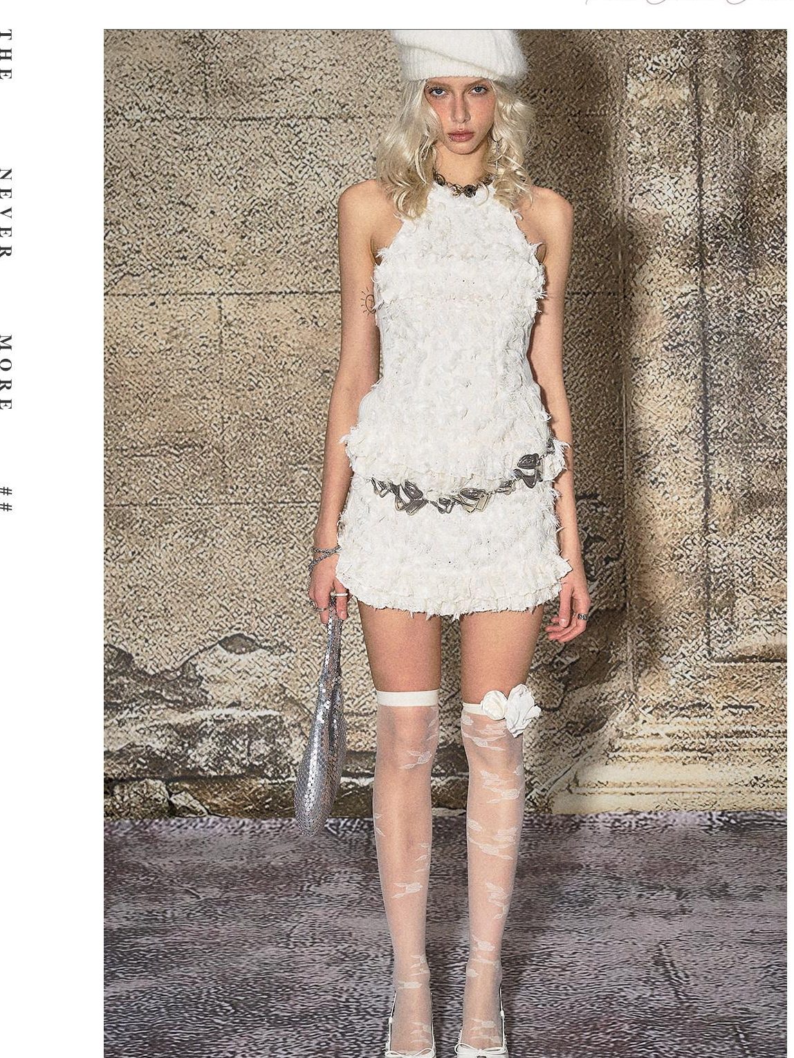 The NeverMore Fringe Polyester Round Neck Pullover Crop Top Cream Party Women Top &amp; Skirt Sets