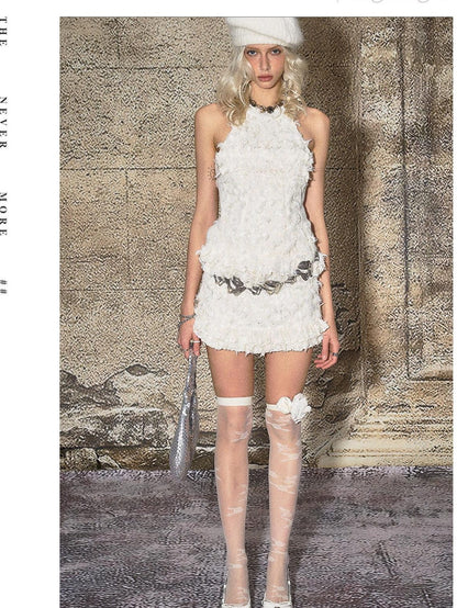 The NeverMore Fringe Polyester Round Neck Pullover Crop Top Cream Party Women Top &amp; Skirt Sets