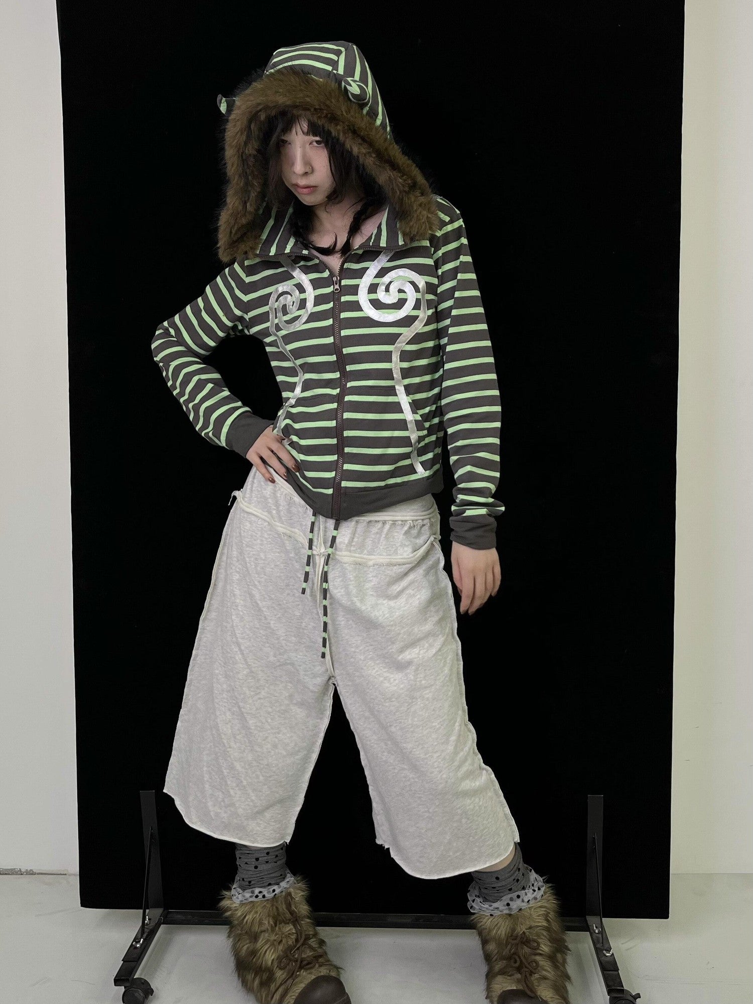 Ttsunami Silver Swirl Striped Fur Collar Zipper Slim Women&