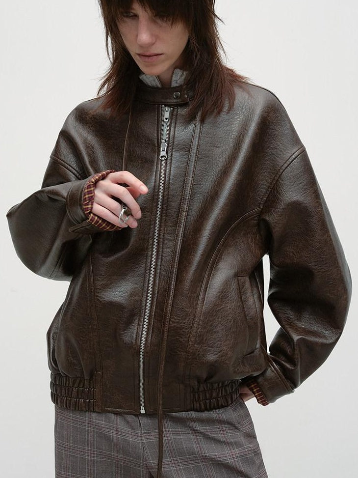 RUN TO THE FUTURE Vintage Brown Zipper Loose Fit Stand Collar Commuter Washed Leather Jackets