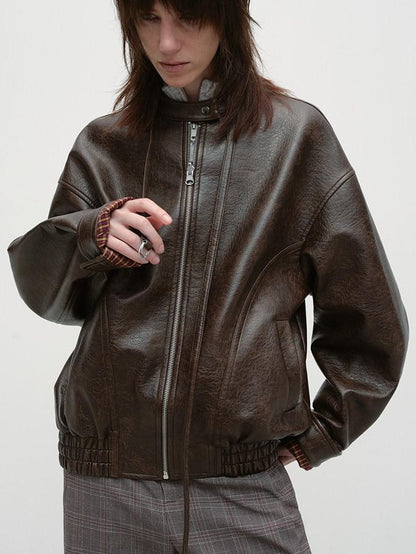 RUN TO THE FUTURE Vintage Brown Zipper Loose Fit Stand Collar Commuter Washed Leather Jackets