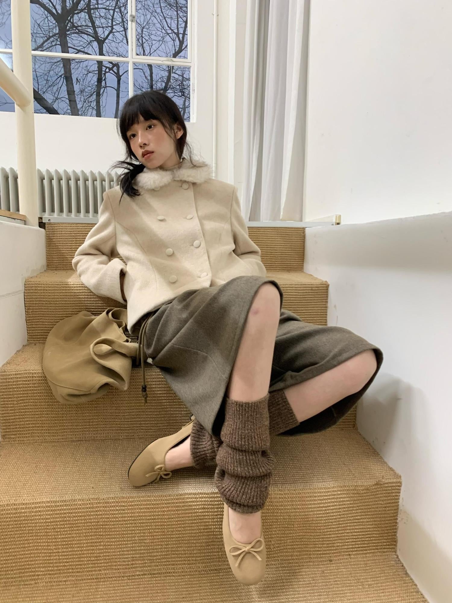 Dorydory Faux Fur Collar Double Breasted Straight Cut Women&