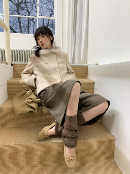 Dorydory Faux Fur Collar Double Breasted Straight Cut Women&