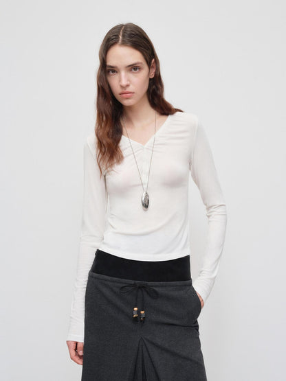 RUN TO THE FUTURE Breathable Lyocell Slim V-neck Button Detail Women Casual Long Sleeve T-Shirts