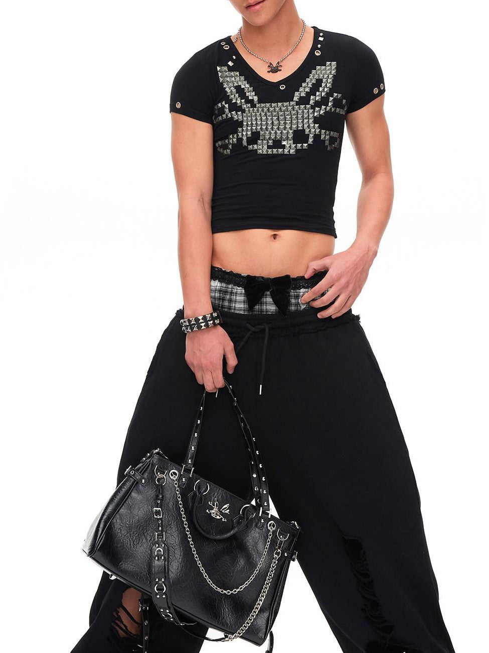 CFIERCE Velvet Bow Asymmetrical Distressed Faux Two Piece Women&