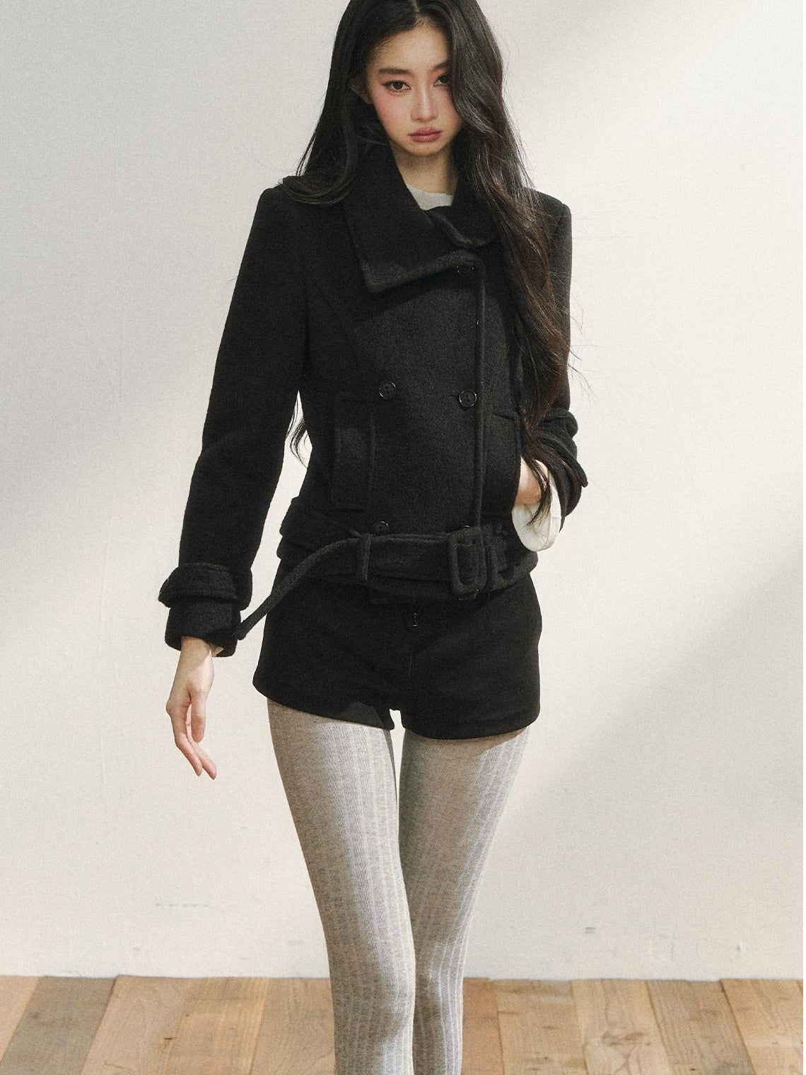 7Shiftin Detachable Wool Casual Cinched Waist Double Breasted Women Black Short Coat