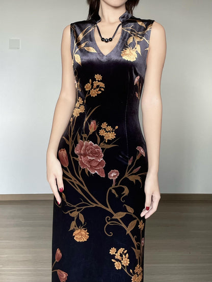 Wet Tail Breathable Floral Cheongsam Vintage Long Sleeve Everyday Casual Maxi Dresses