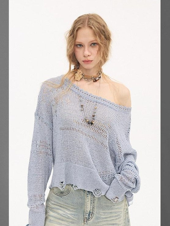 DIDDI MODA Mist Blue Asymmetrical One Shoulder Knit Women&