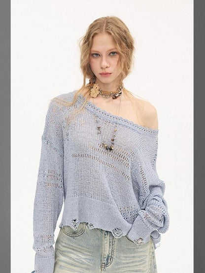DIDDI MODA Mist Blue Asymmetrical One Shoulder Knit Women&