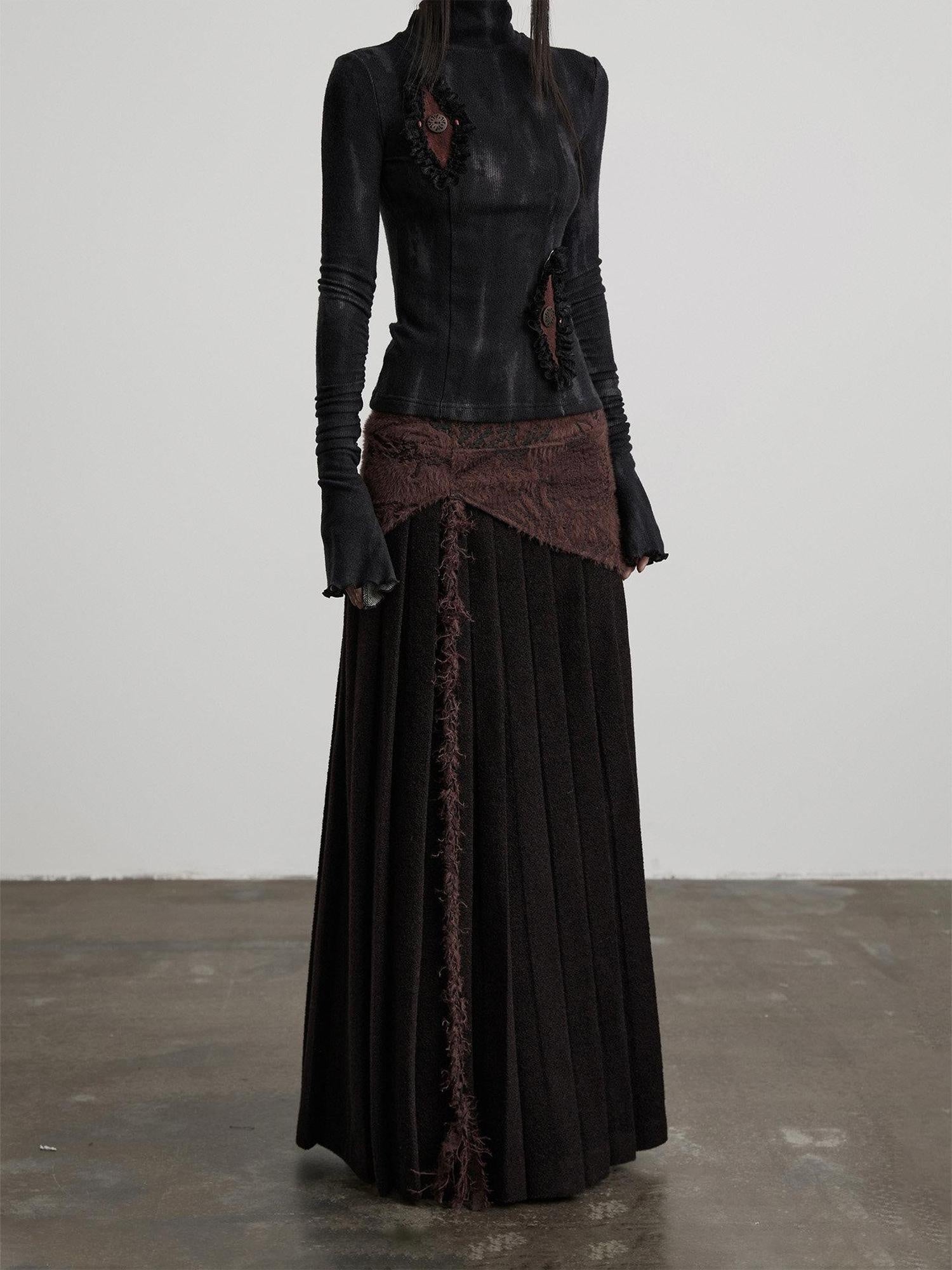 INDULGE Shape Retaining Patchwork Lined Mid Waist Wool Blend Women Burgundy Maxi Skirts