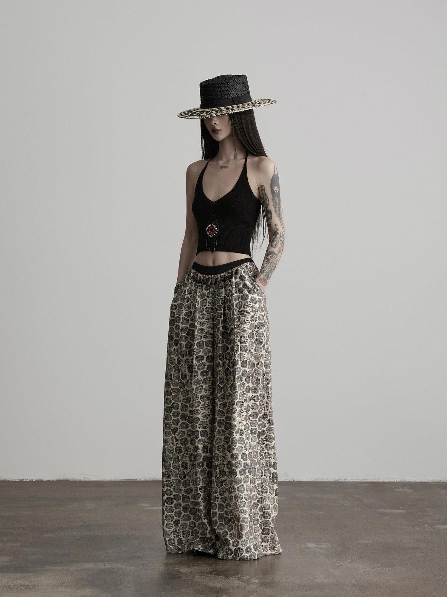 INDULGE Durable Viscose Blend Vintage Patchwork Abstract Pockets Women Wide-Leg Pants