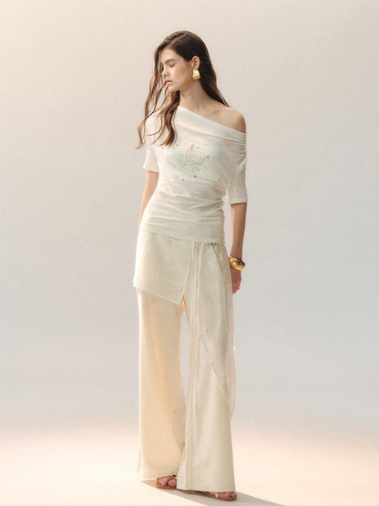 AnnoMundi Beaded Asymmetric Neck Loose Women Lyocell Stretch White Short Sleeve T-Shirts