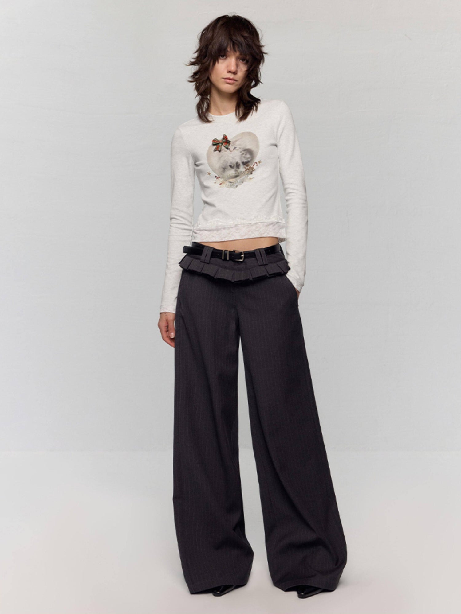 RUN TO THE FUTURE Stretch Cotton Slim Vintage Commuter Printed Lace Long Sleeve Women Crop Tops