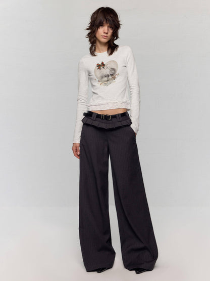 RUN TO THE FUTURE Stretch Cotton Slim Vintage Commuter Printed Lace Long Sleeve Women Crop Tops