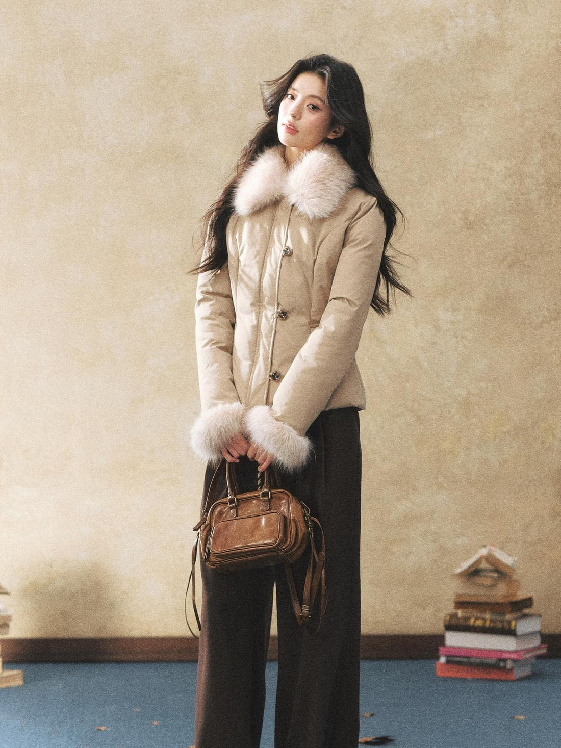 7Shiftin Warm Down Filled Plush Fur Collar Slim Fit Button Cropped Women Knit Sweaters