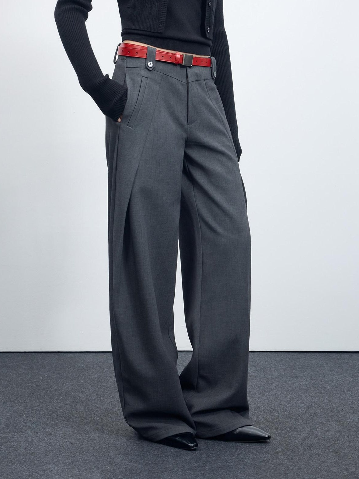 RUN TO THE FUTURE Flattering Mid Rise Minimalist Straight Cut Office Gray Black Wide-Leg Pants