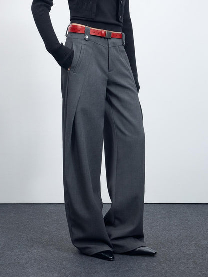 RUN TO THE FUTURE Flattering Mid Rise Minimalist Straight Cut Office Gray Black Wide-Leg Pants
