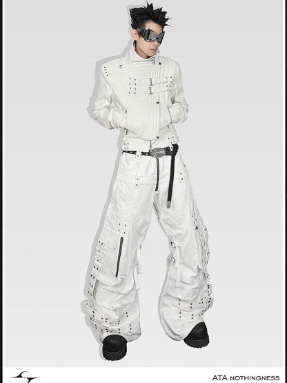 ATAnothingness Windproof Pu Cropped Zip Long Sleeve Silver Moon White Leather Jackets
