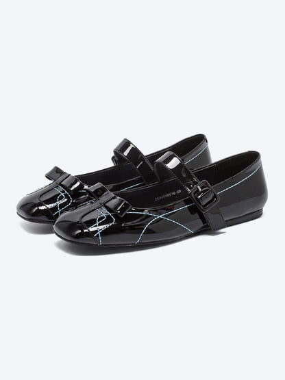 RUN TO THE FUTURE Sheepskin Insole Vintage Square Toe One Strap Low Heel Rubber Sole Women Flats