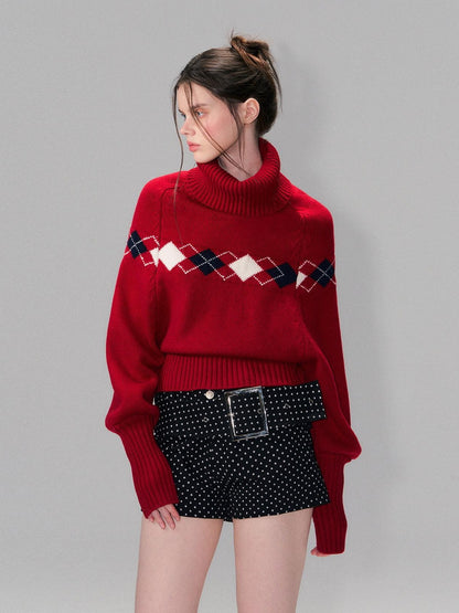 The NeverMore Warm Wool Pullover Vintage Jacquard Cape Batwing Women High Neck Red Sweaters