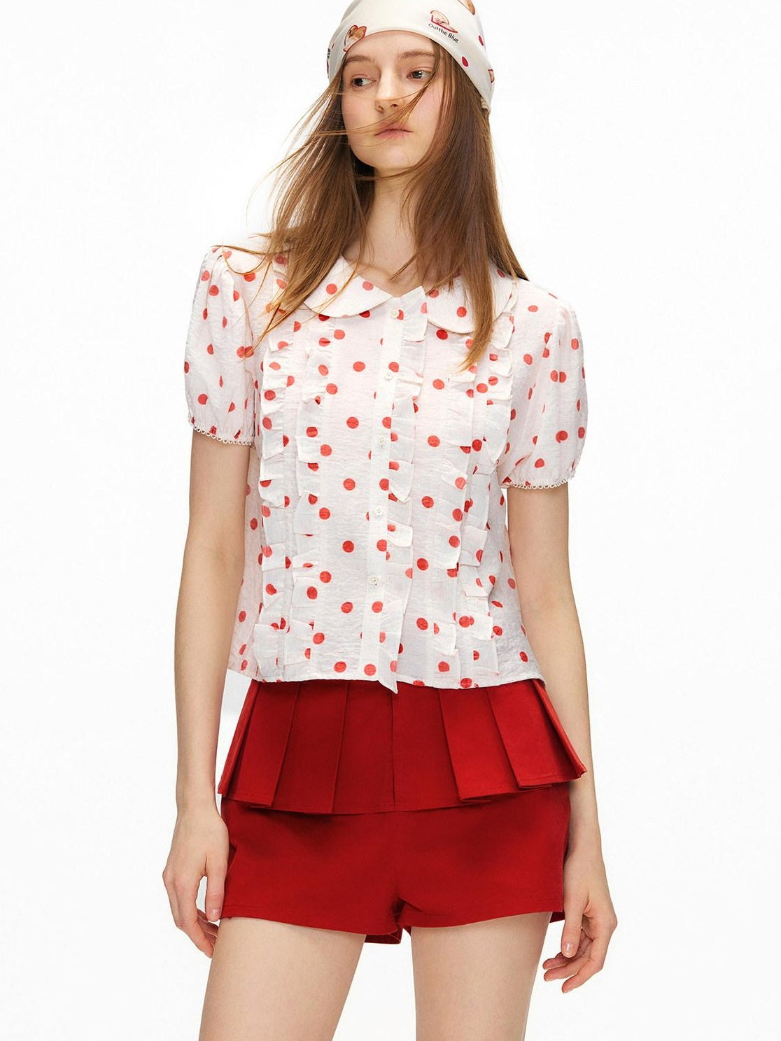 OuttheBlue Waist Cinch Ruffle Casual Puff Sleeve Doll Collar Polka Dot Women Shirts