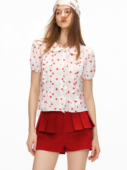 OuttheBlue Waist Cinch Ruffle Casual Puff Sleeve Doll Collar Polka Dot Women Shirts