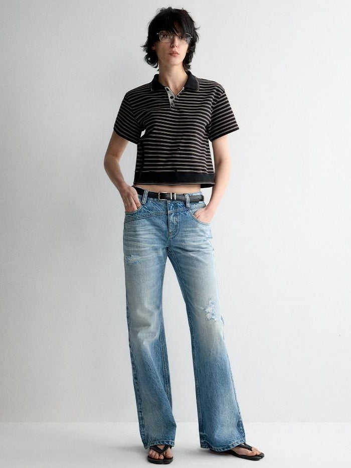 RUN TO THE FUTURE Ripped Low Rise Wide Leg Casual Loose Fit Vintage Ice Blue Denim Straight Jeans