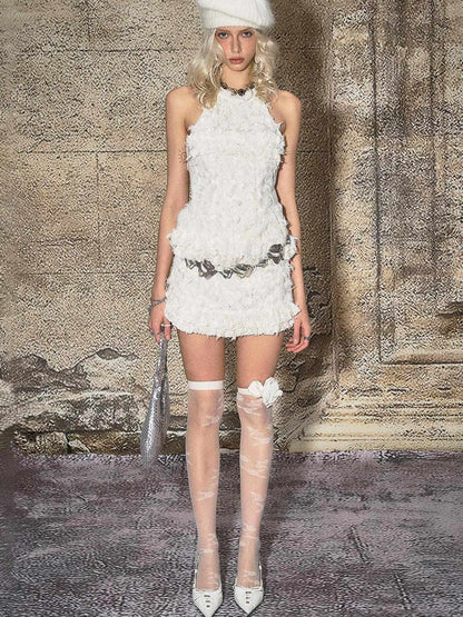 The NeverMore Fringe Polyester Round Neck Pullover Crop Top Cream Party Women Top &amp; Skirt Sets