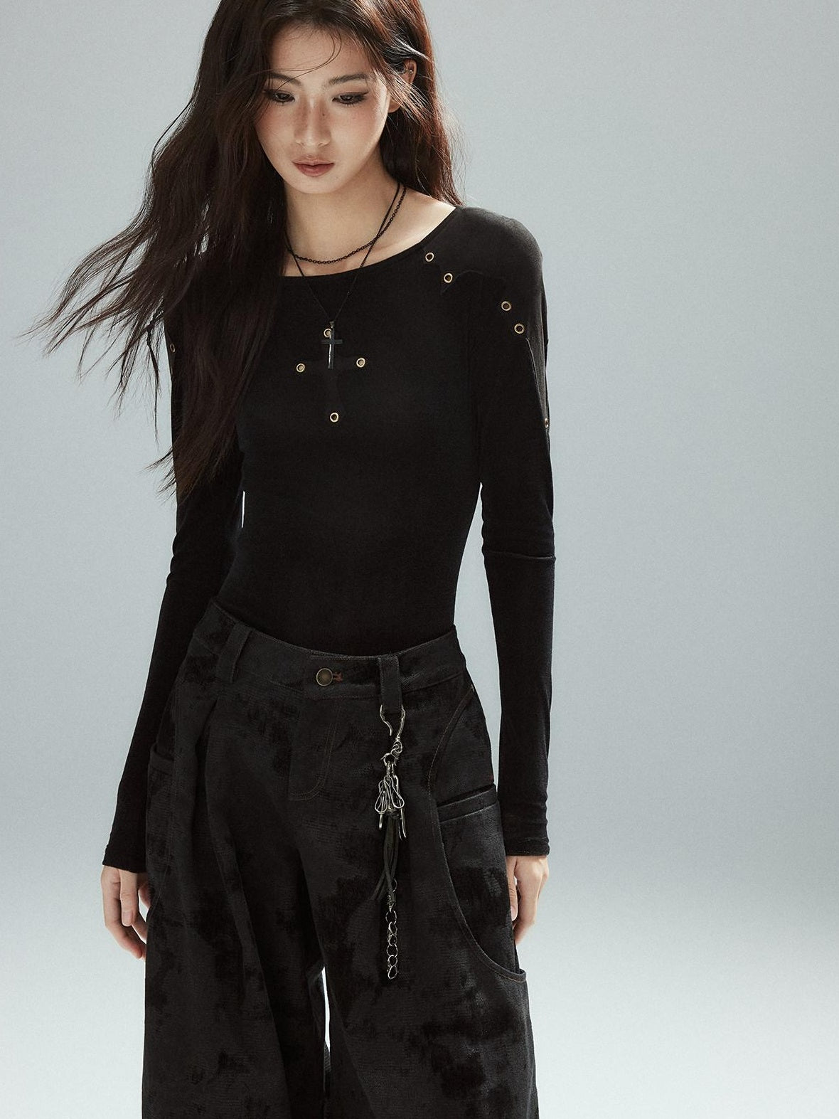 Low pixel Slim Fit Patchwork Casual Crewneck Black Stretch Young Women Long Sleeve T-Shirts