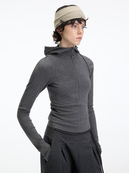 RUN TO THE FUTURE Slim Fit Hooded Zip Casual Women Cotton Blend Black Long Sleeve T-Shirts
