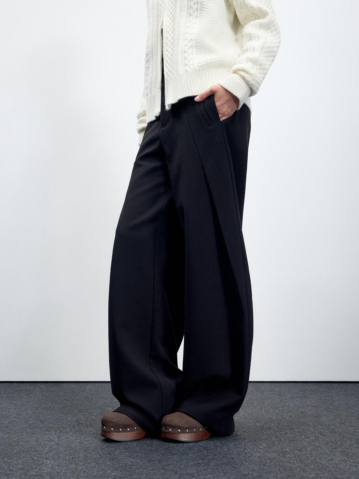 RUN TO THE FUTURE Flattering Mid Rise Minimalist Straight Cut Office Gray Black Wide-Leg Pants