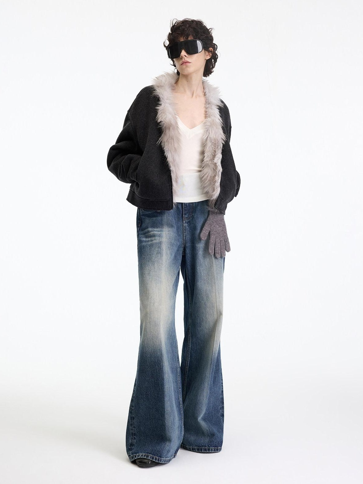 RUN TO THE FUTURE Warm Thick Patchwork Casual Zip Front Fur Collar Women Black Cardigans