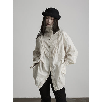 INDULGE Elegant Pleated Loose Fit Stand Collar Long Sleeve Cotton Blend Daily Blouses