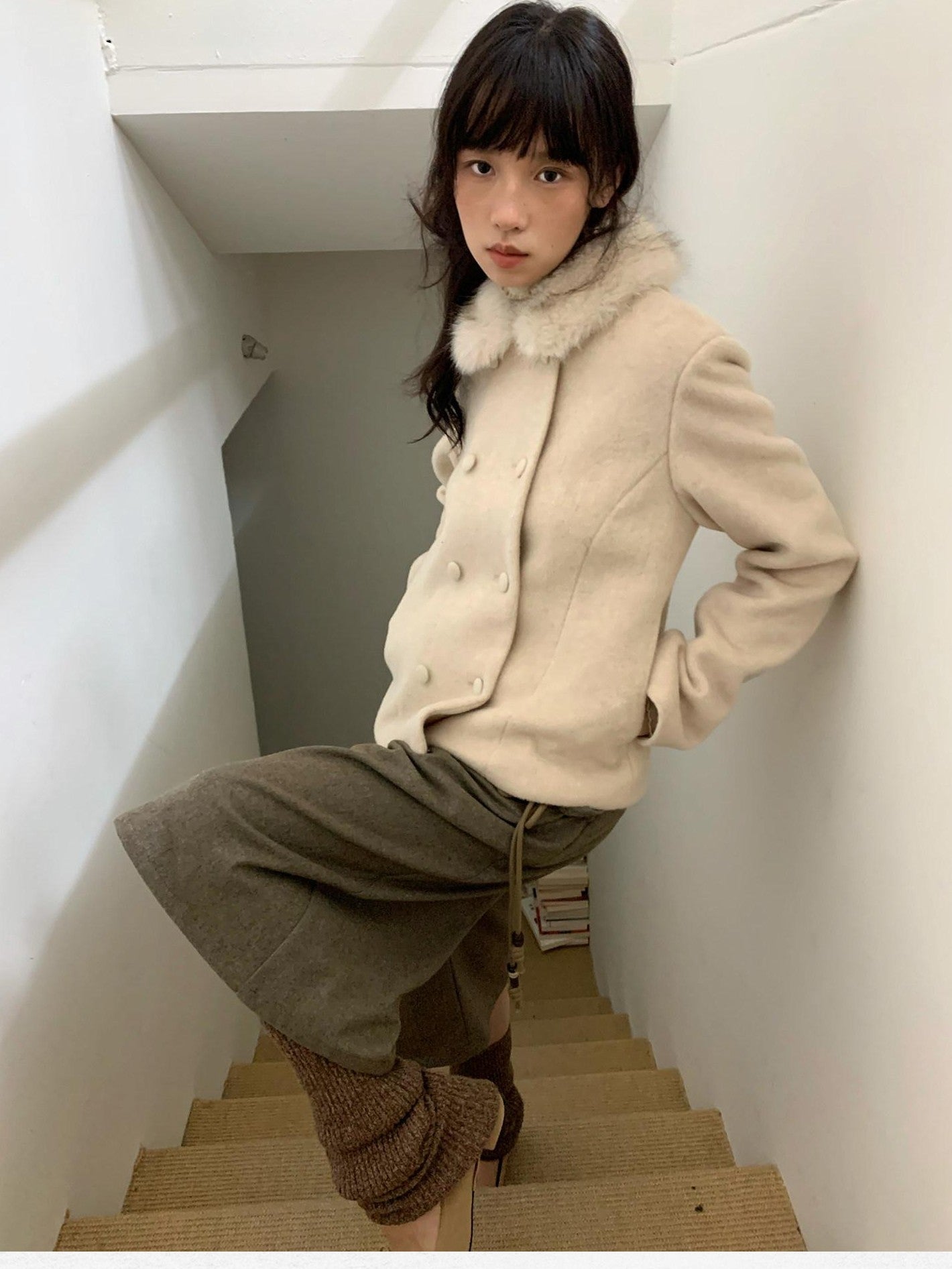 Dorydory Faux Fur Collar Double Breasted Straight Cut Women&