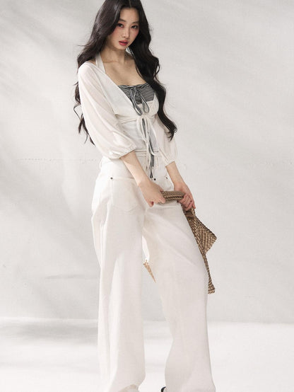 7Shiftin Striped Layered Two Piece Three Quarter Sleeve High Waist Long Sleeve Crop Tops