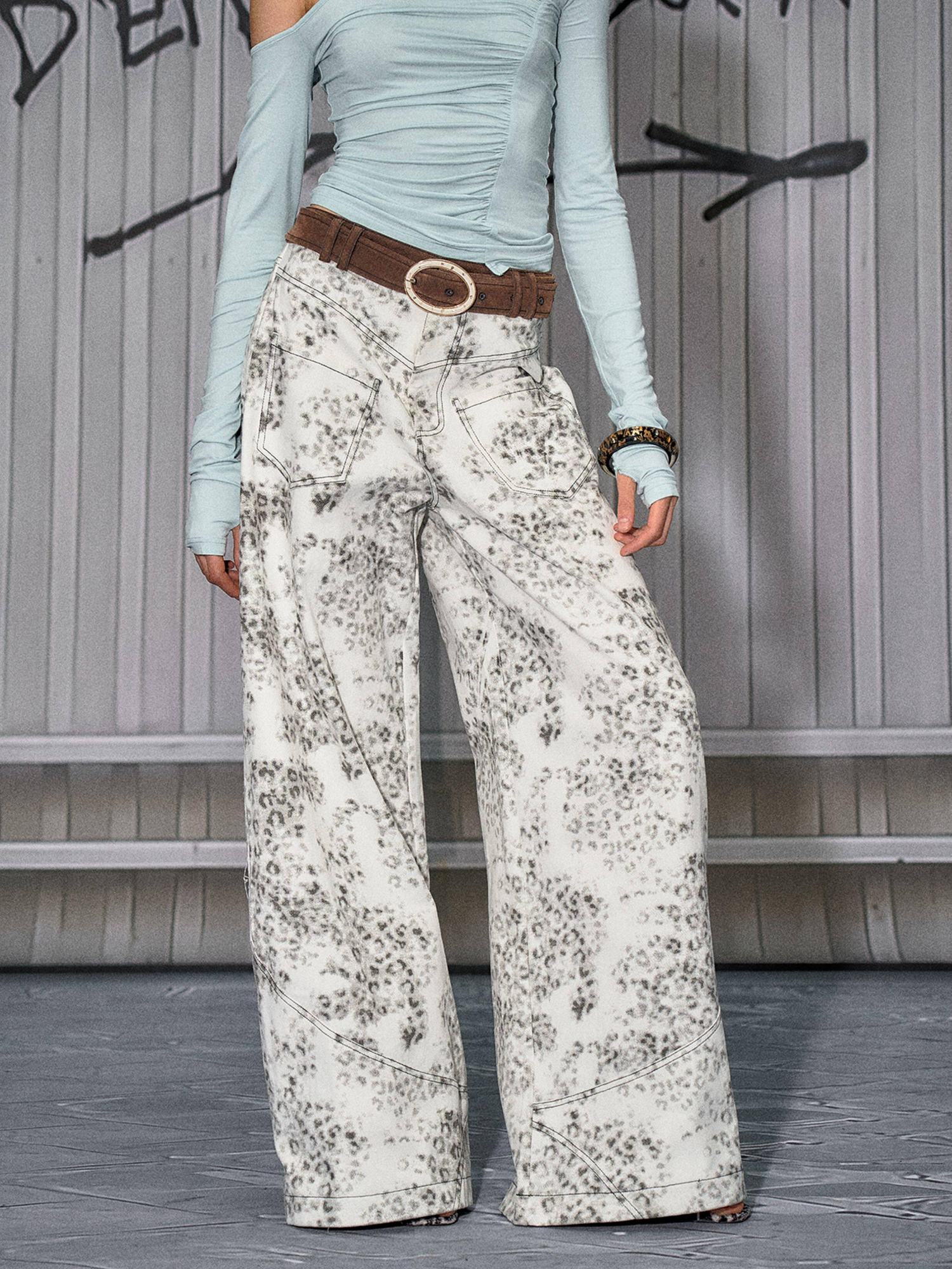 The NeverMore Leopard Cotton Zipper Natural Waist Loose Fit Sexy Women Wide Leg Jeans