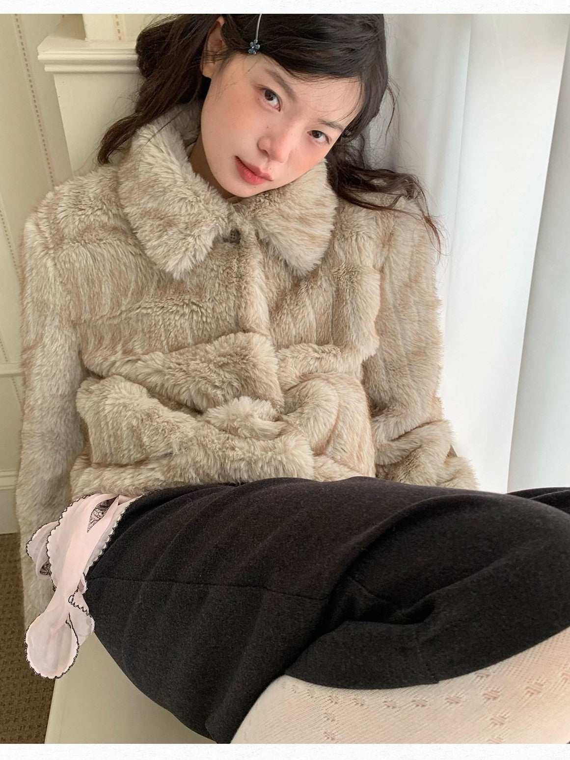 Dorydory Striped Turn Down Collar Eco Fur Textured Women&