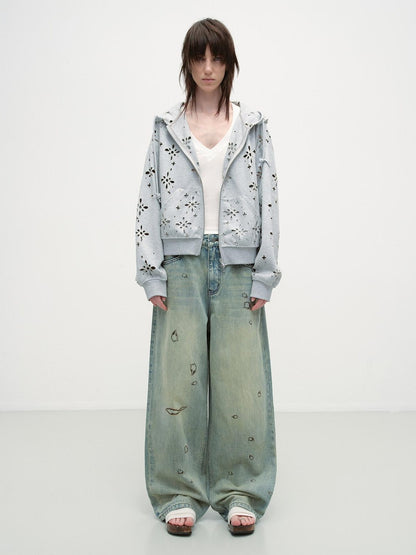 RUN TO THE FUTURE Durable Washed Low Rise Asymmetrical Vintage Unisex Printed Denim Wide-Leg Jeans