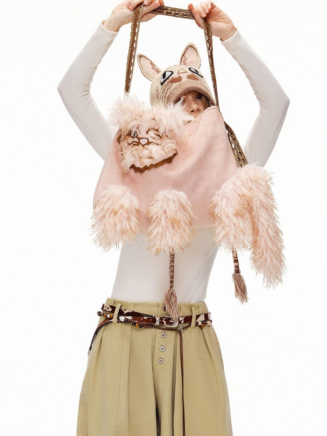 OuttheBlue Cute Edgy Cat Print Square Single Shoulder Women Vintage Pink Khaki Tote Bags