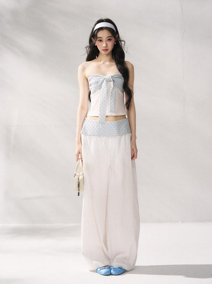 7Shiftin Polka Dot Bow Cropped Three Piece High Waist Sleeveless Women Top &amp; Pants Sets