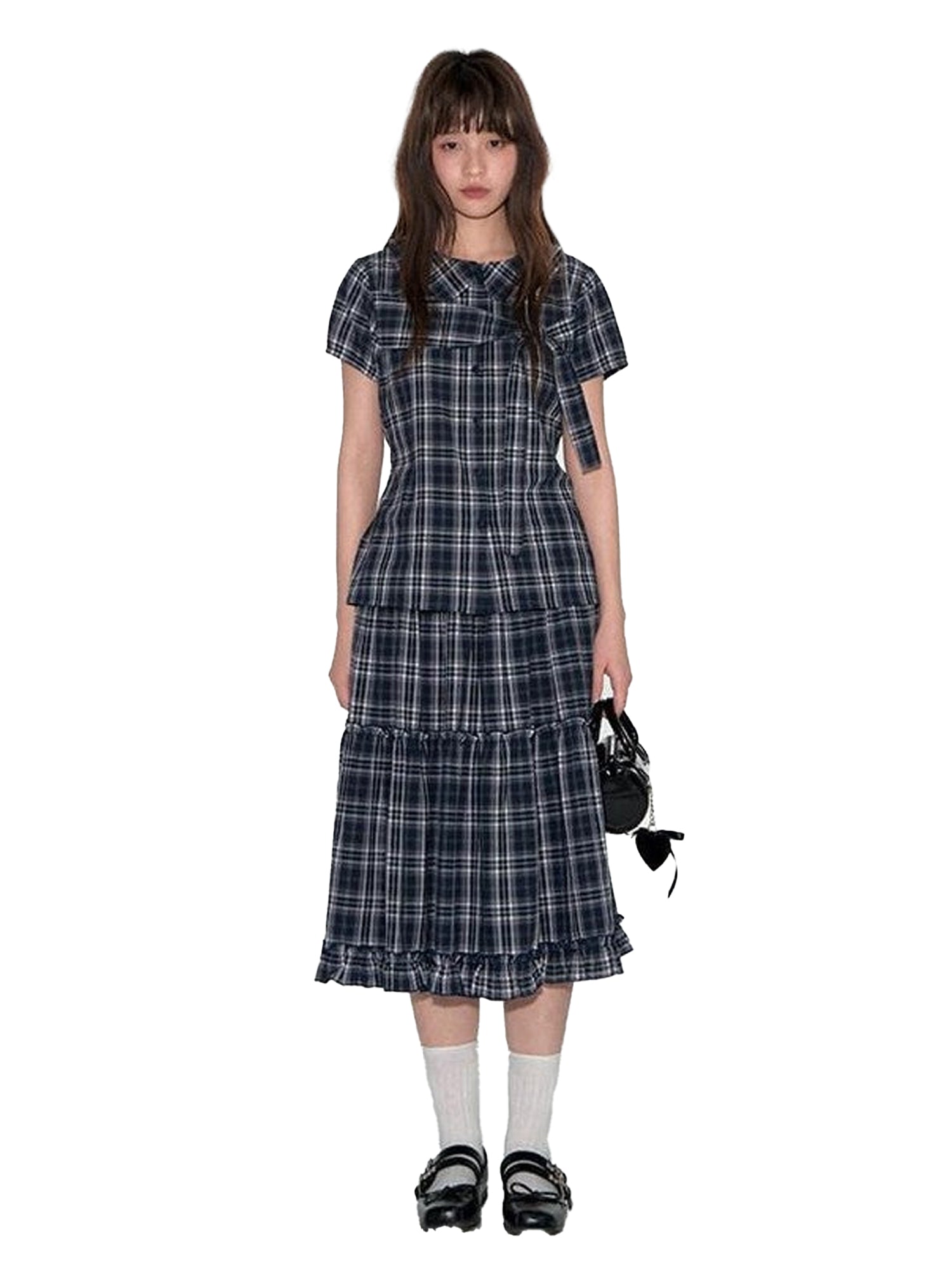 NAPSNAPS Blue Plaid Ruffle Hem High Waist Pleated Patchwork Women&