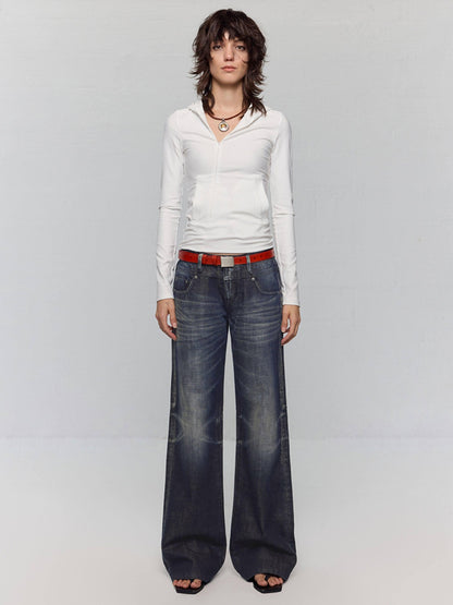RUN TO THE FUTURE Washed Low Rise Loose Fit Casual Womens Black Stretch Denim Straight Jeans
