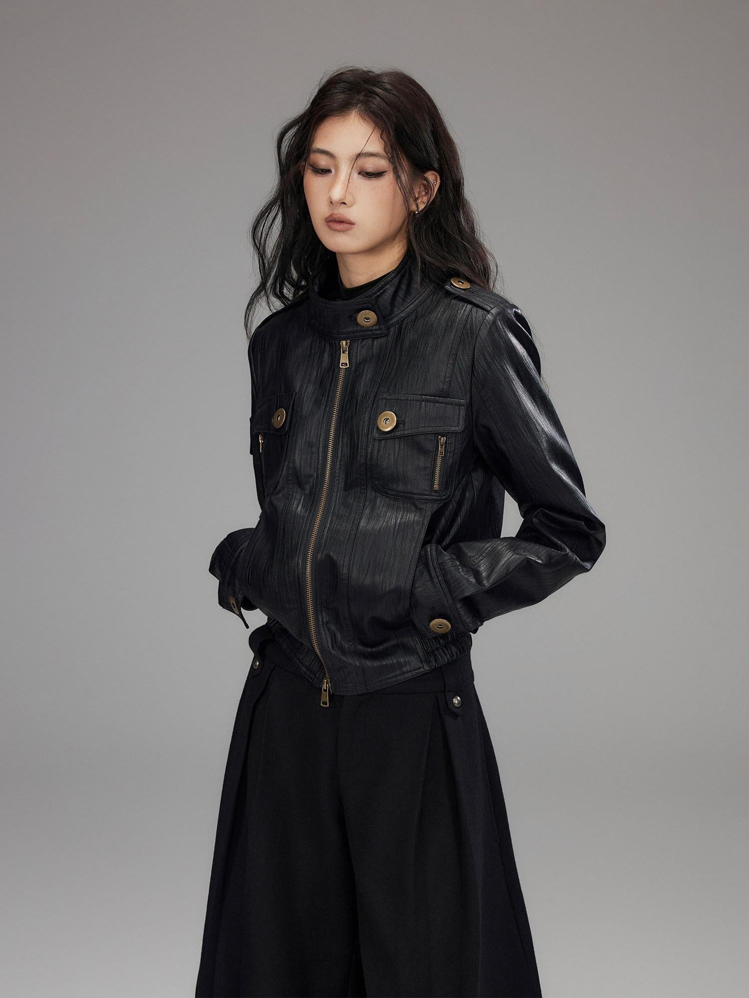 Low pixel Insulated Waist Cinch Workwear Multipocket Lapel Zip Black Women Leather Jackets