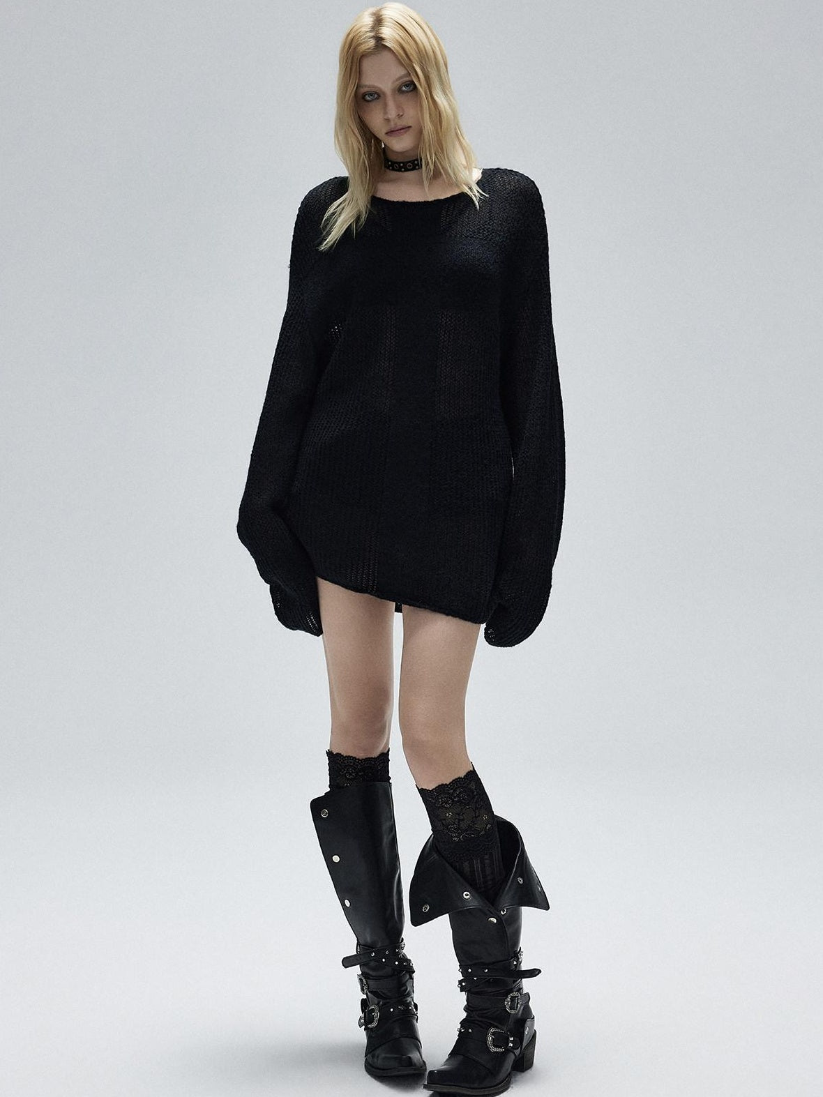 Low pixel Soft Alpaca Blend Patchwork Oversized Street Women Casual Crewneck Knit Sweaters