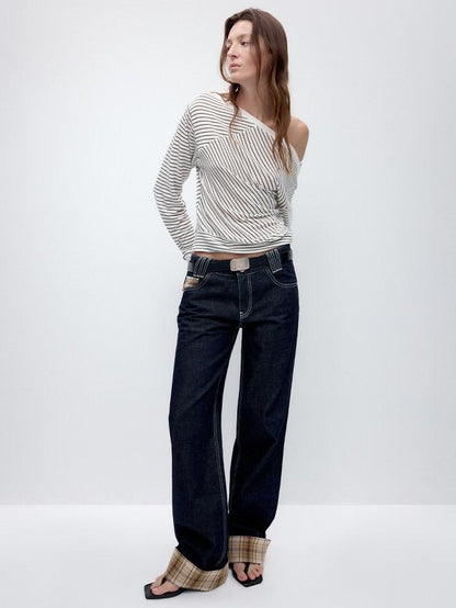 RUN TO THE FUTURE Washed Low Waist Wide Leg Loose Fit Casual Denim Indigo Straight Jeans