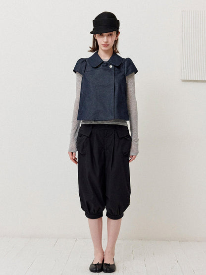 DKZ OFFICIAL Deep Blue Double Buttons Doll Collar Puff Sleeves Women&
